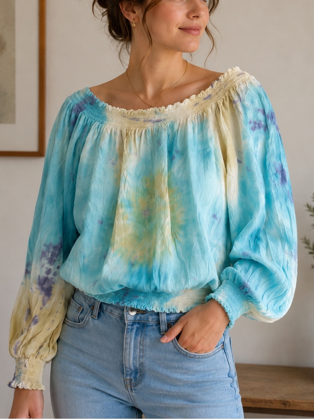 Forever 21 Blue Tie Dye Off Shoulder Peasant Blouse Size Small